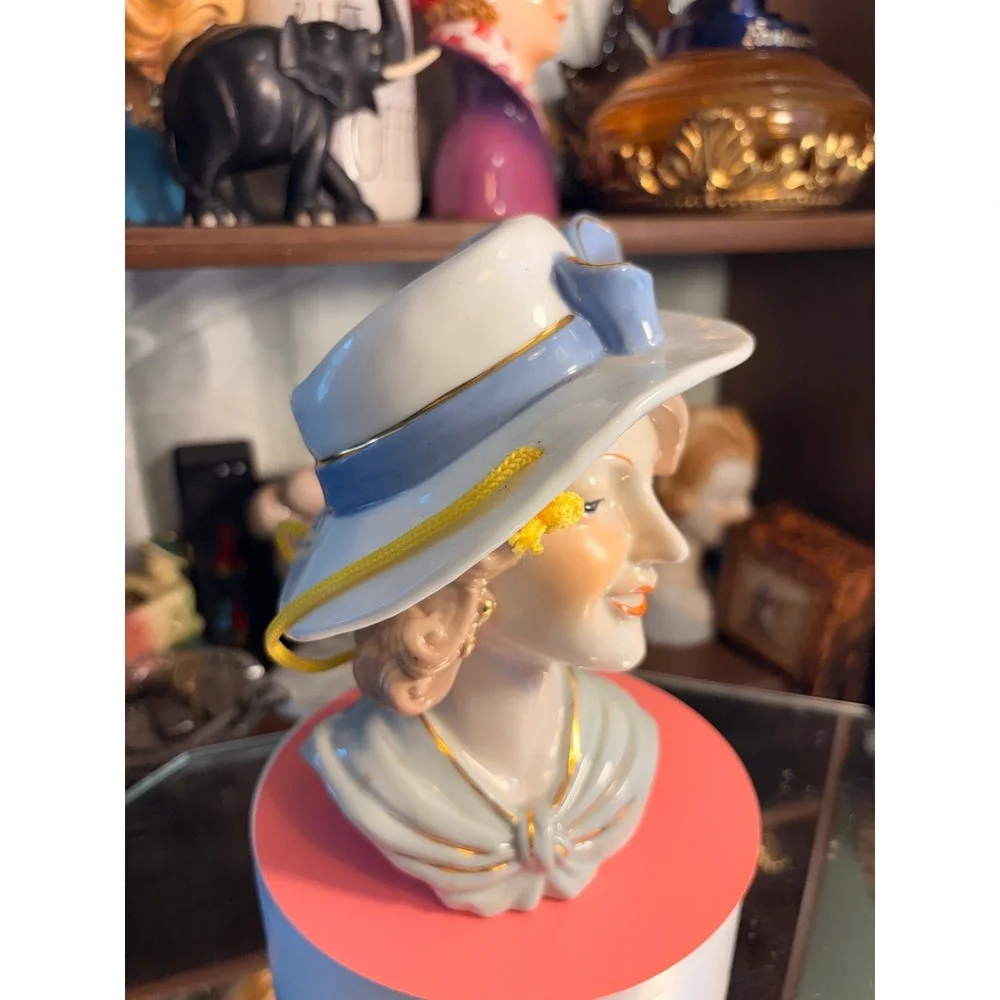 Vintage Ceramic Lady Head Vase Blue Hat Gold Trim Mid Century Style Figurine